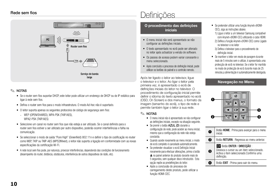 Samsung BD-J5900/ZF manual Definições, Rede sem fios, Procedimento das definições Iniciais, Navegação no Menu 