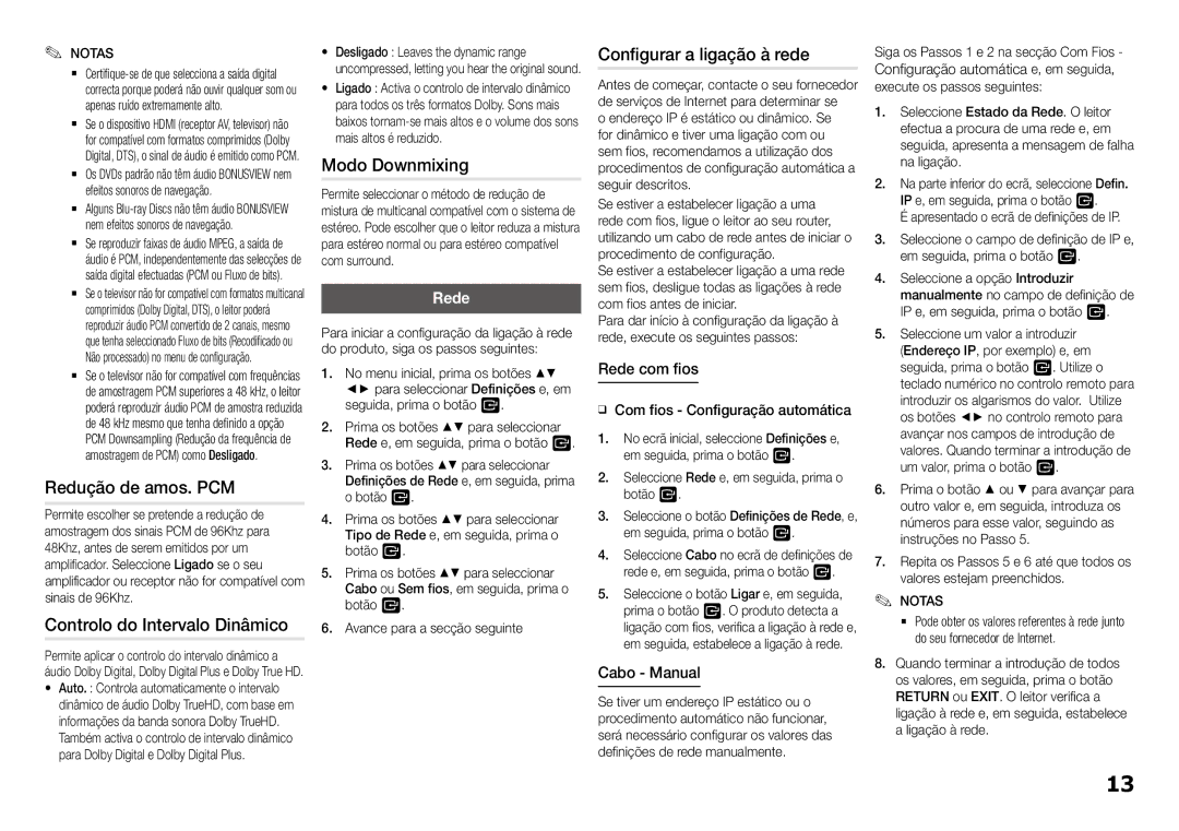 Samsung BD-J5900/ZF manual Redução de amos. PCM, Controlo do Intervalo Dinâmico, Configurar a ligação à rede, Rede 