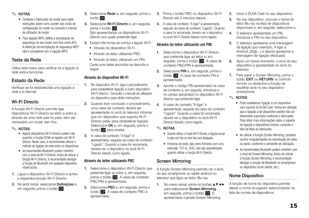 Samsung BD-J5900/ZF manual Teste da Rede, Estado da Rede, Wi-Fi Directo 