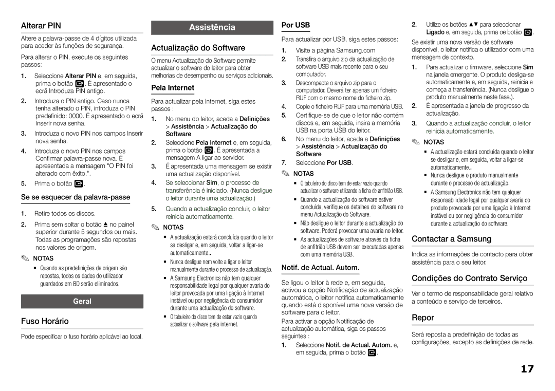 Samsung BD-J5900/ZF manual Alterar PIN, Actualização do Software, Fuso Horário, Contactar a Samsung, Repor 