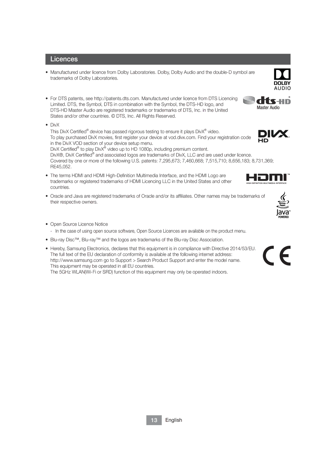 Samsung BD-J6300/XN, BD-J6300/EN manual Licences 