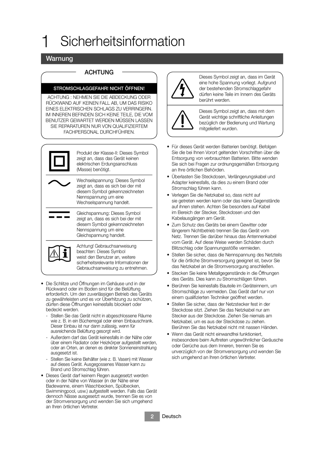 Samsung BD-J6300/EN, BD-J6300/XN manual Sicherheitsinformation, Warnung 