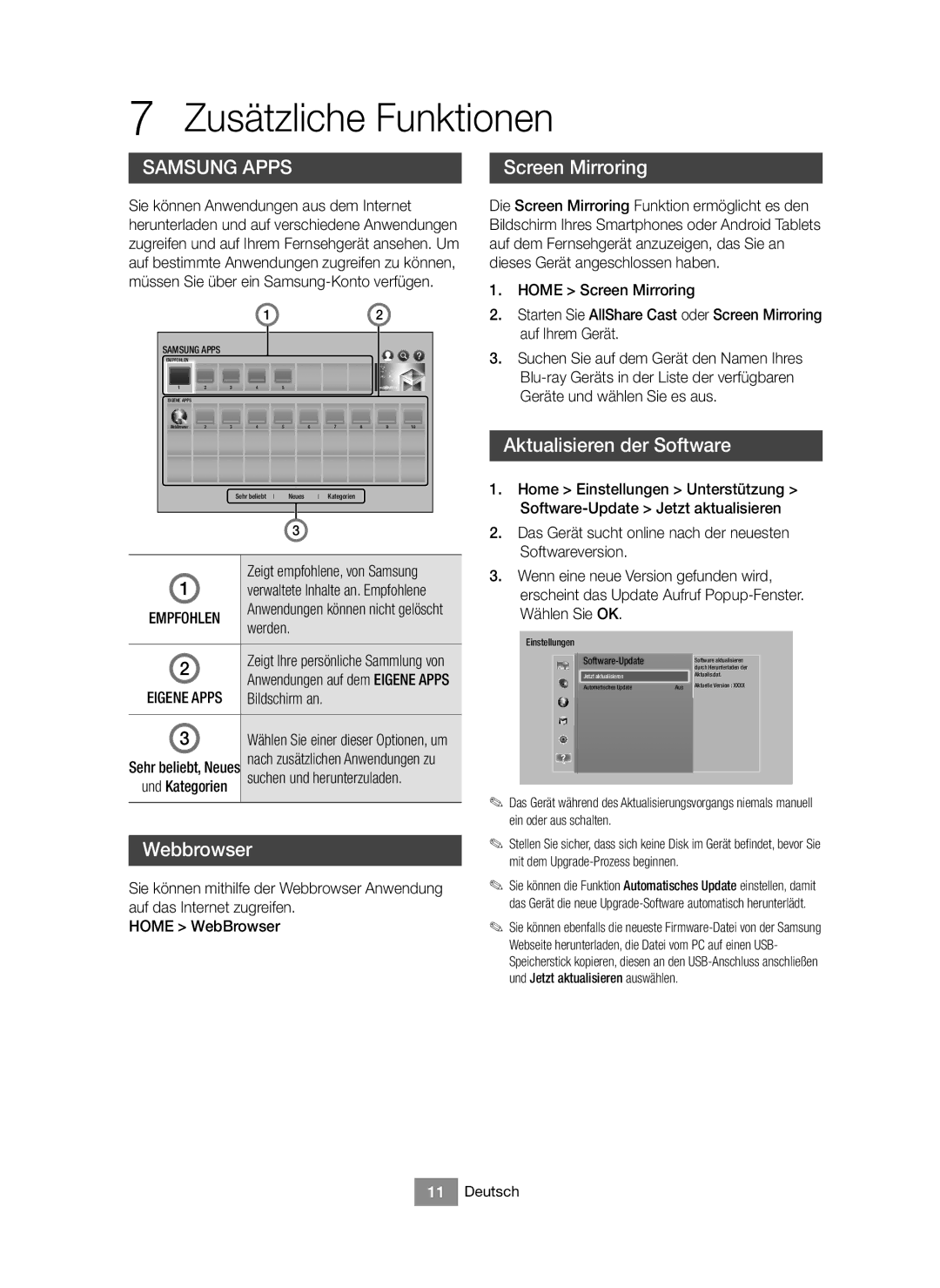 Samsung BD-J6300/XN, BD-J6300/EN Zusätzliche Funktionen, Webbrowser, Aktualisieren der Software, Empfohlen, Eigene Apps 