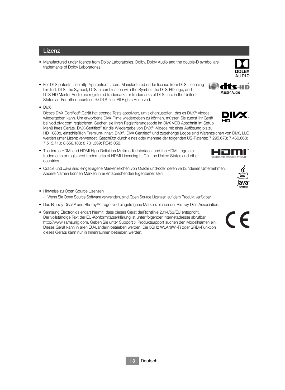 Samsung BD-J6300/XN, BD-J6300/EN manual Lizenz 