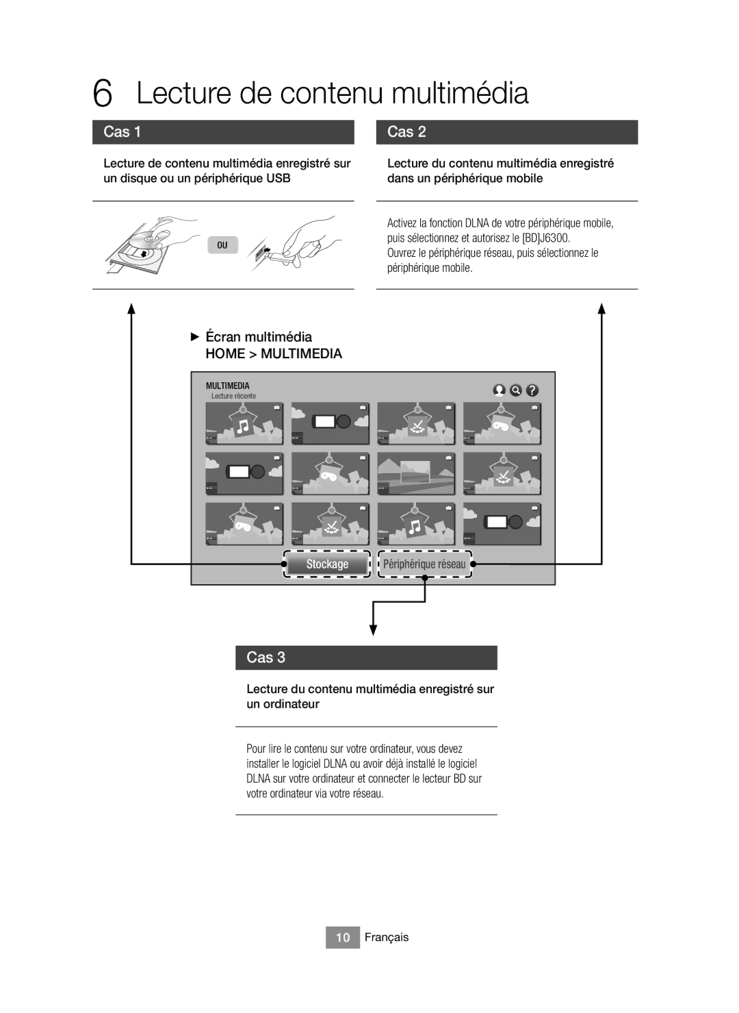 Samsung BD-J6300/XN, BD-J6300/EN manual Lecture de contenu multimédia, Cas, + Écran multimédia 