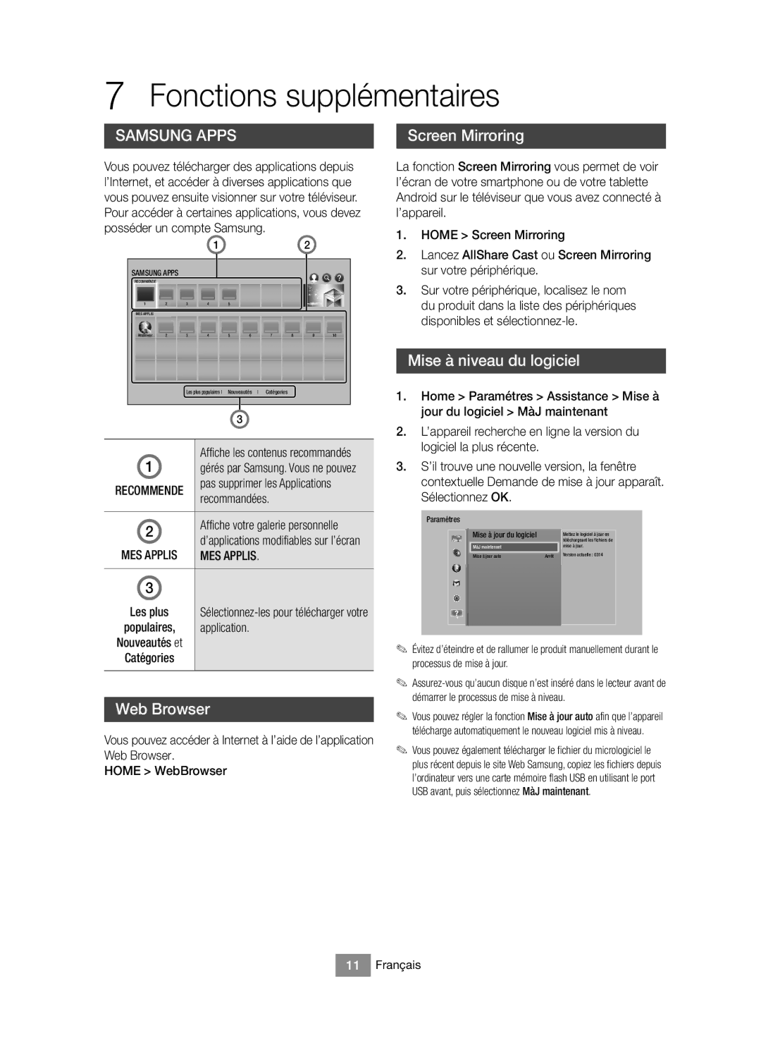 Samsung BD-J6300/EN, BD-J6300/XN manual Fonctions supplémentaires, Mise à niveau du logiciel, Recommende, MES Applis 