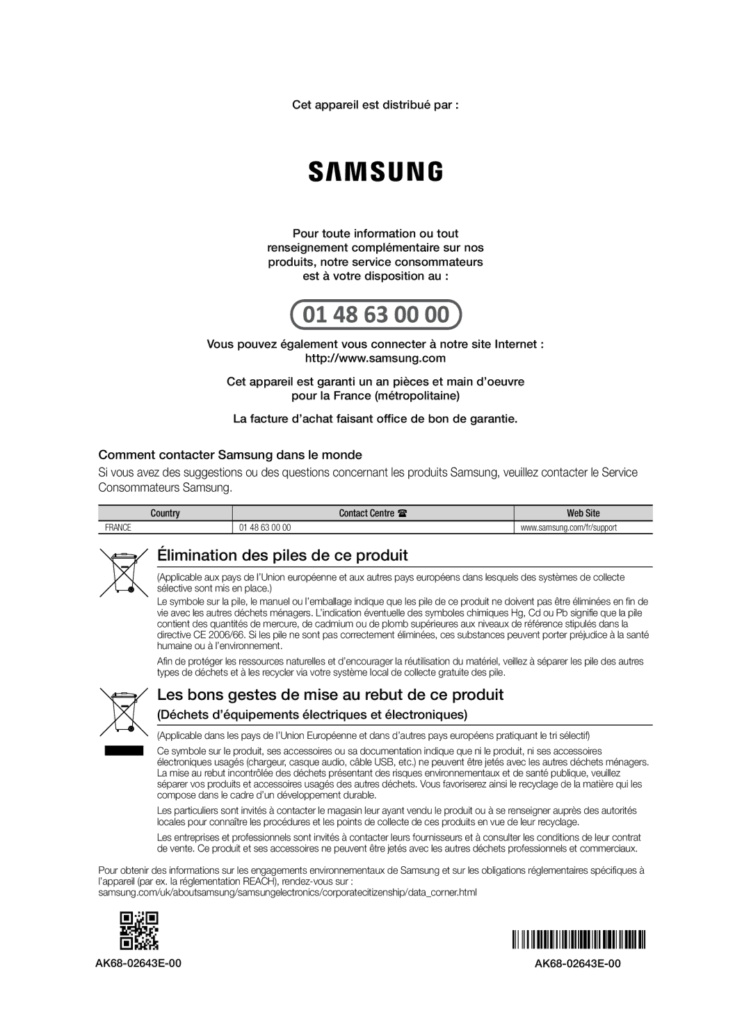 Samsung BD-J6300/XN Déchets d’équipements électriques et électroniques, Country Contact Centre  Web Site, AK68-02643E-00 