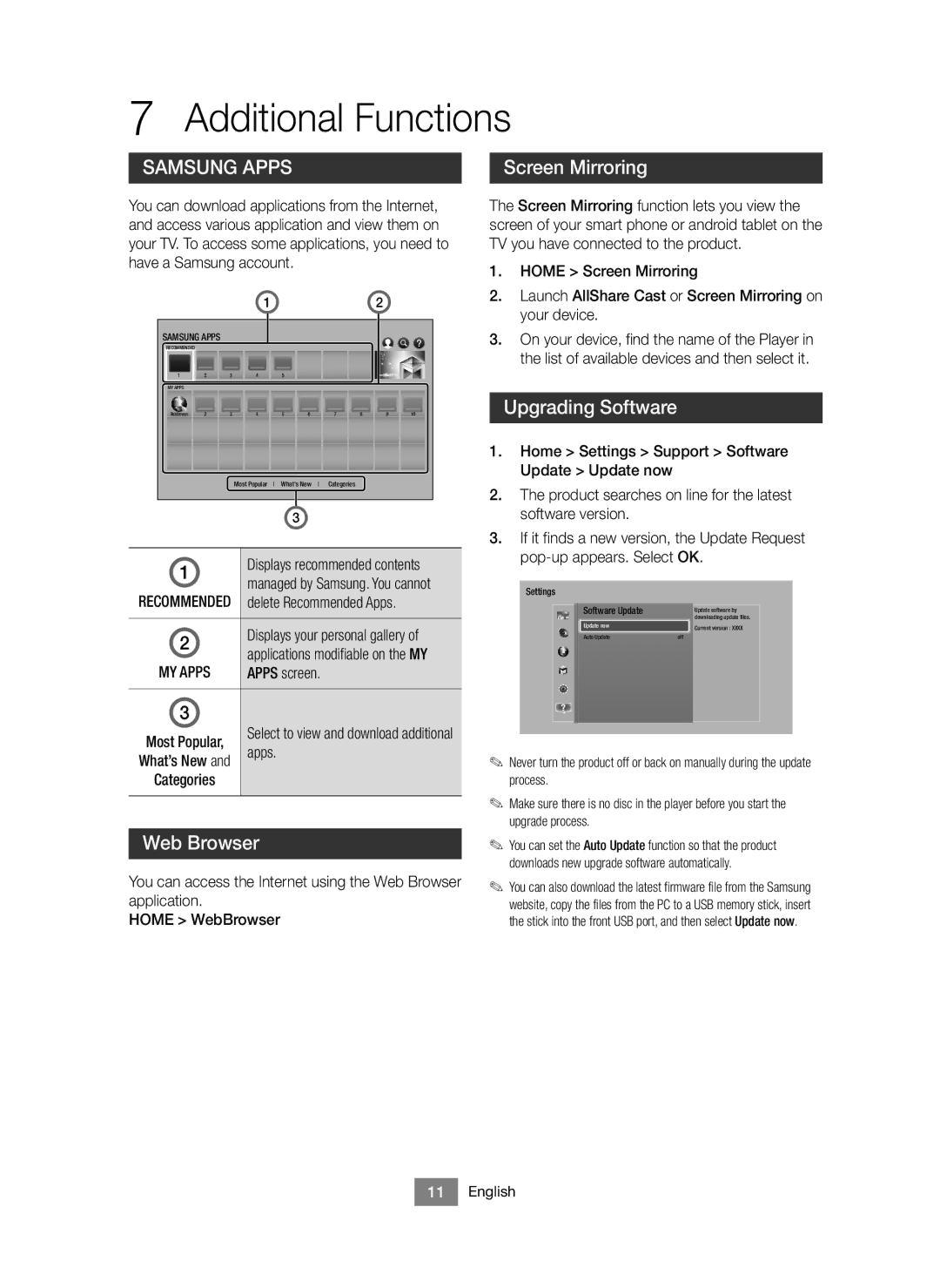 Samsung BD-J6300/ZF manual Additional Functions, Screen Mirroring, Web Browser, Upgrading Software 