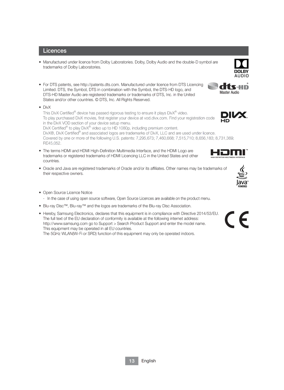 Samsung BD-J6300/ZF manual Licences, DivX 