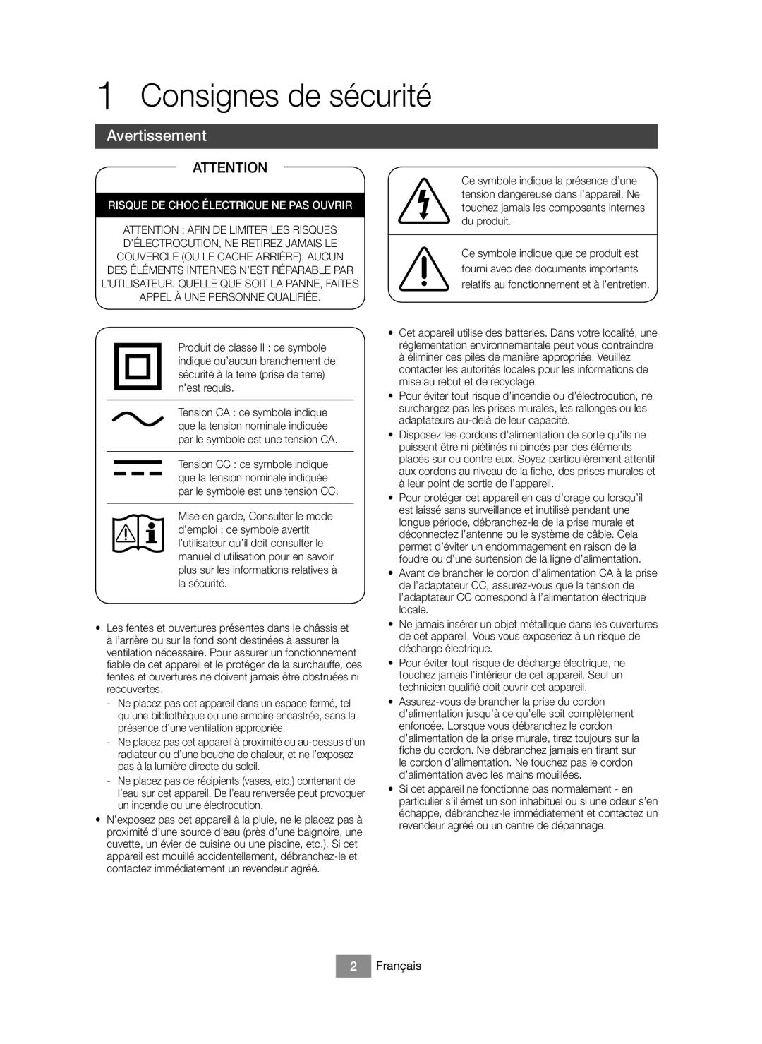 Samsung BD-J6300/ZF manual Consignes de sécurité, Avertissement, Français, Leur point de sortie de l’appareil 