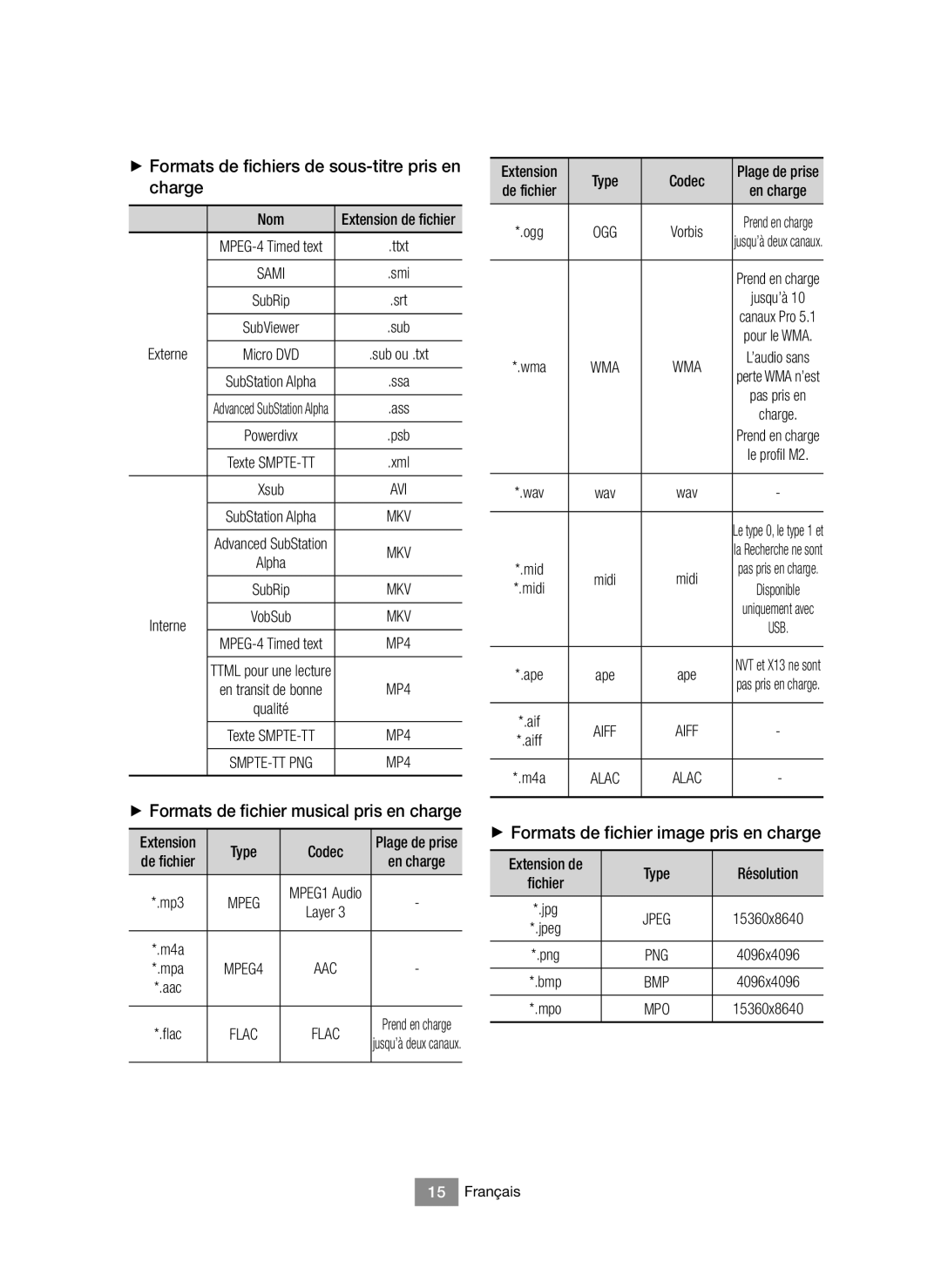 Samsung BD-J6300/ZF manual + Formats de fichiers de sous-titre pris en charge, + Formats de fichier musical pris en charge 