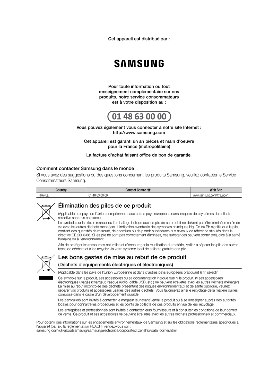 Samsung BD-J6300/ZF manual Déchets d’équipements électriques et électroniques, Country Contact Centre  Web Site 