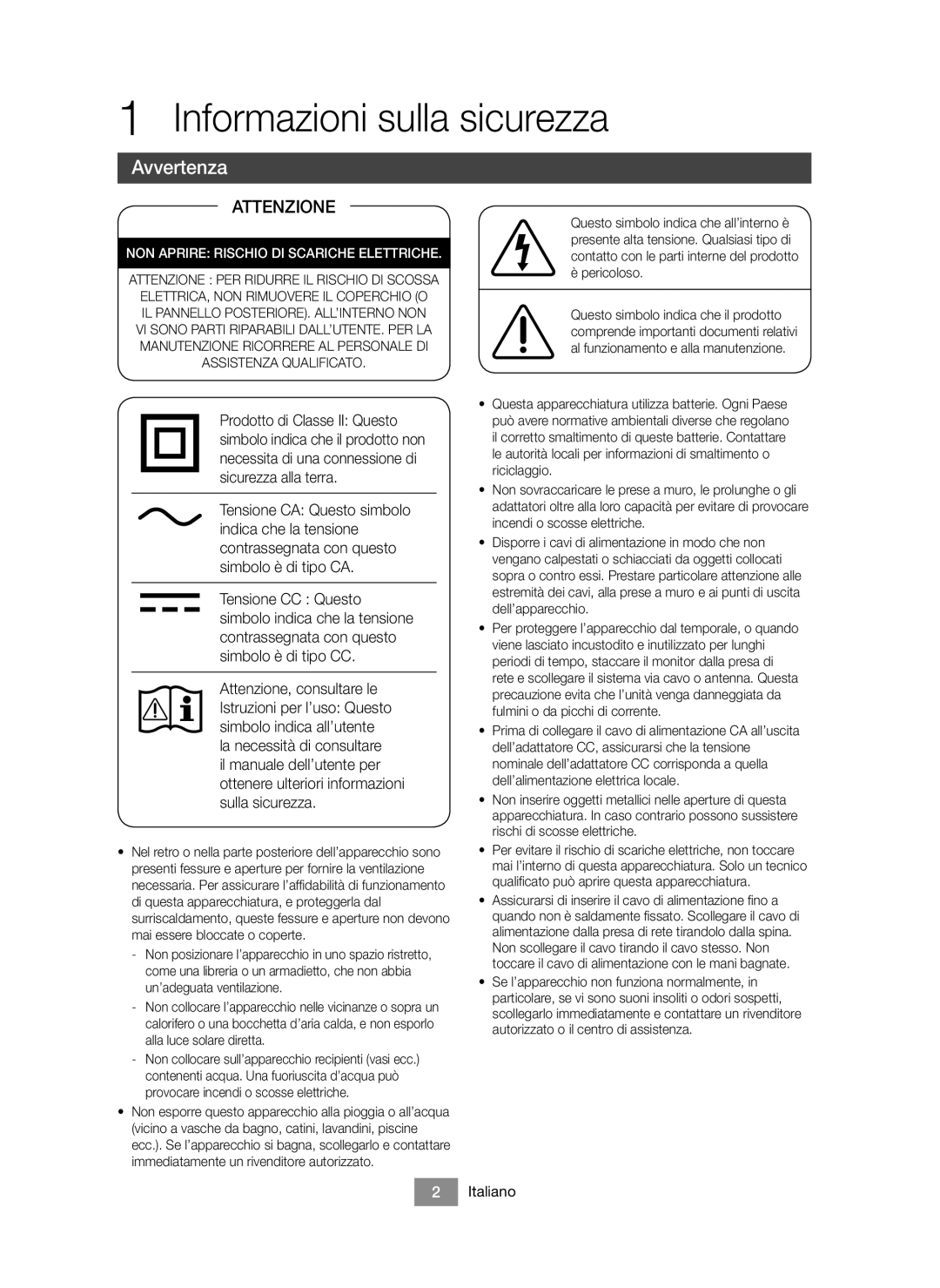 Samsung BD-J6300/ZF manual Informazioni sulla sicurezza, Avvertenza, Italiano 