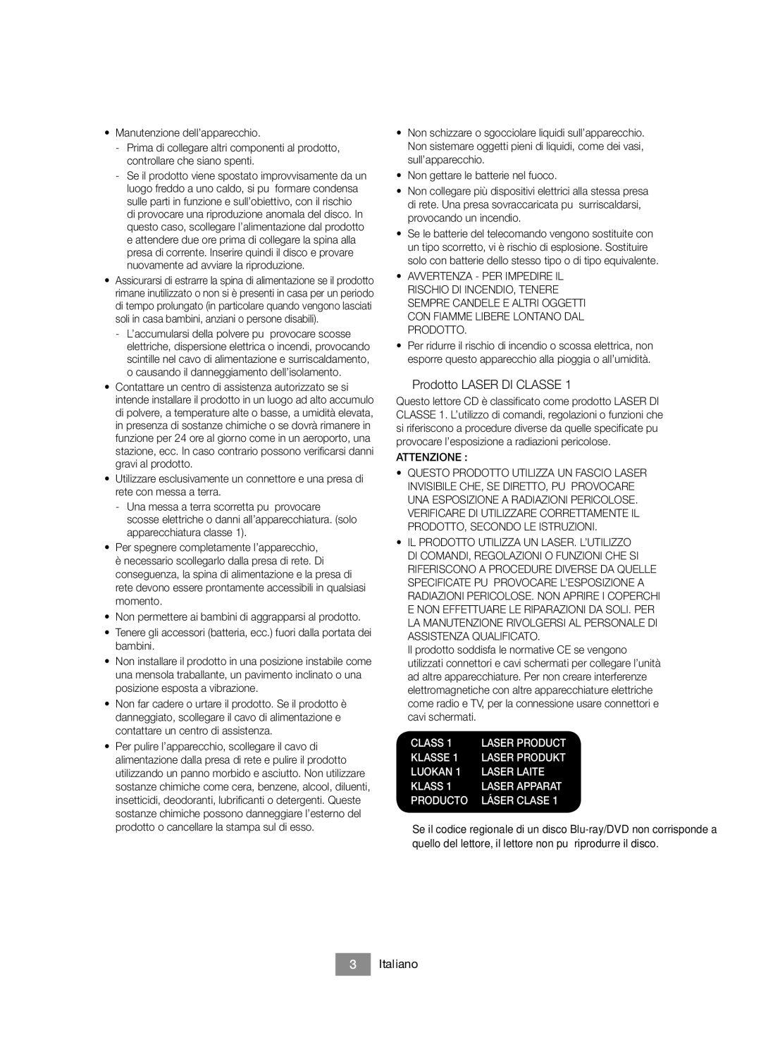 Samsung BD-J6300/ZF manual ▷ Prodotto Laser DI Classe, Attenzione 