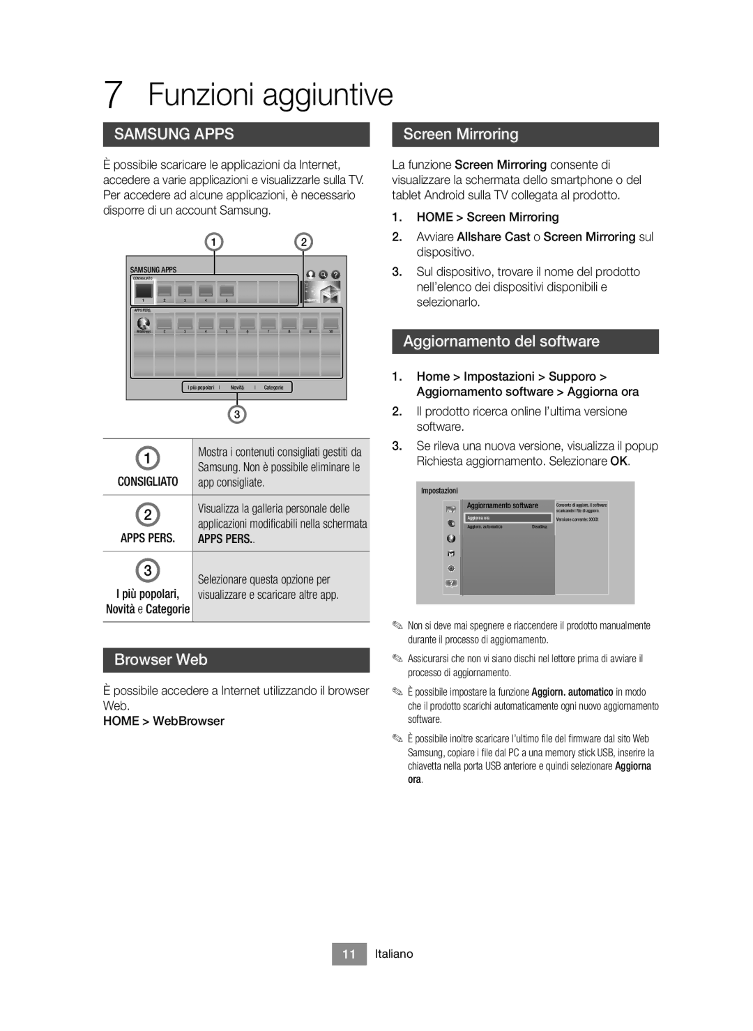 Samsung BD-J6300/ZF manual Funzioni aggiuntive, Browser Web, Aggiornamento del software, Apps Pers 