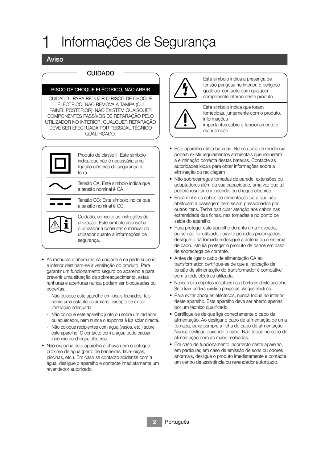 Samsung BD-J6300/ZF manual Informações de Segurança, Aviso, Português 