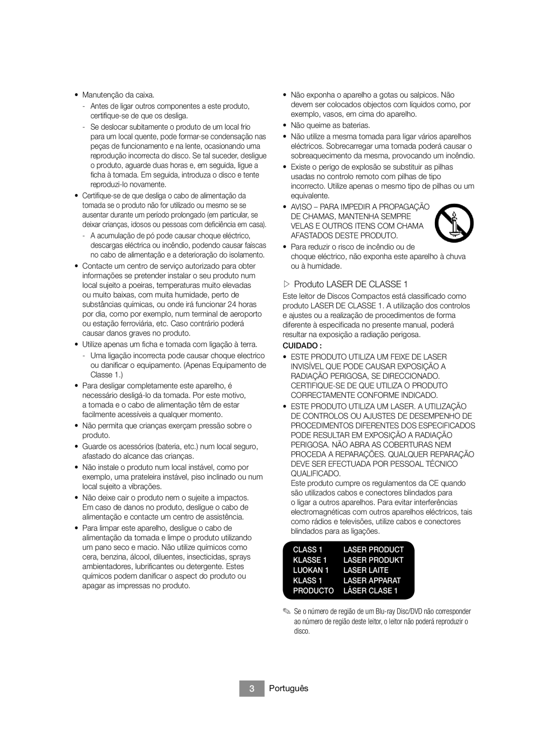 Samsung BD-J6300/ZF manual ▷ Produto Laser DE Classe, Cuidado 