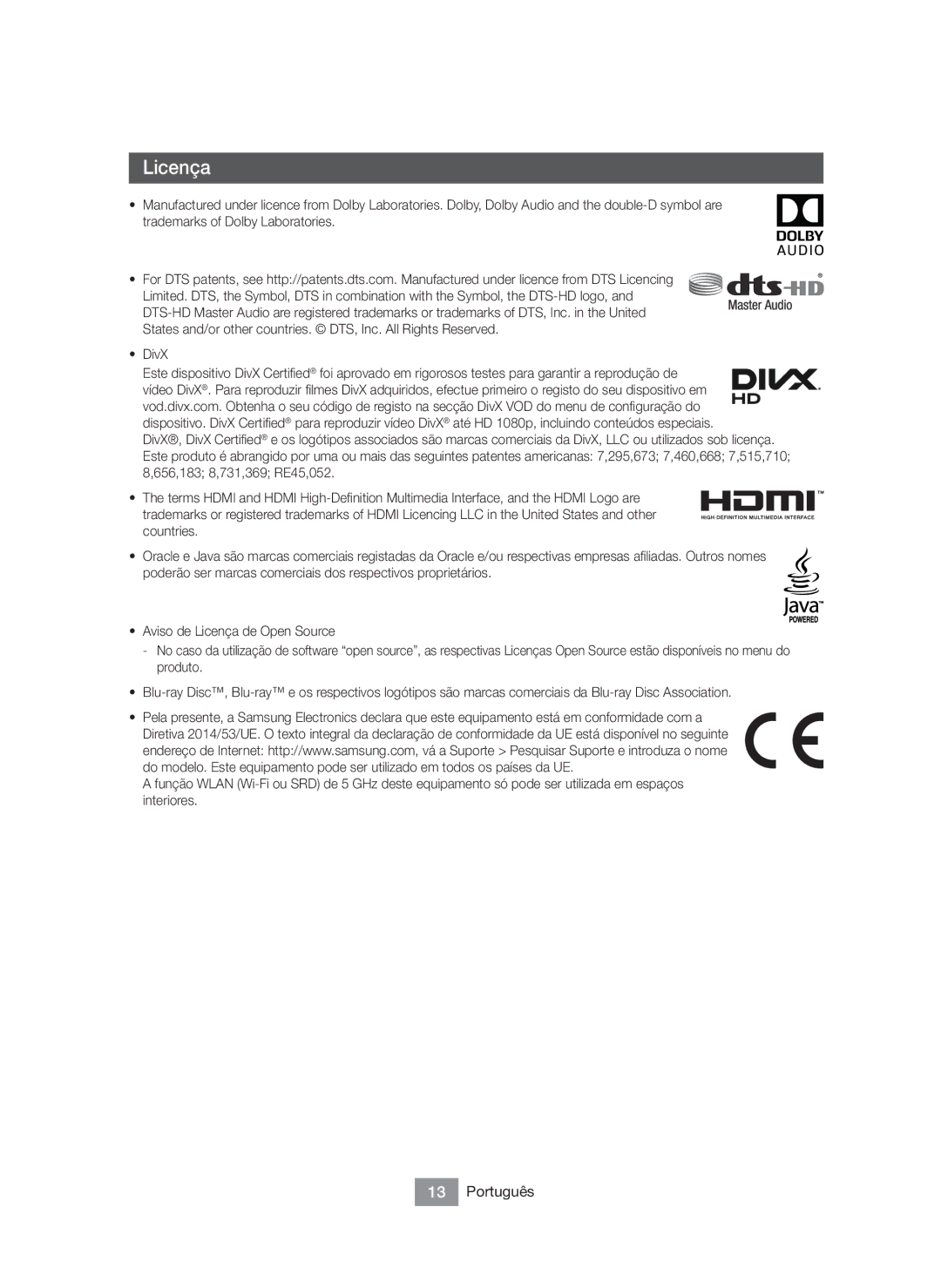 Samsung BD-J6300/ZF manual Licença, DivX 