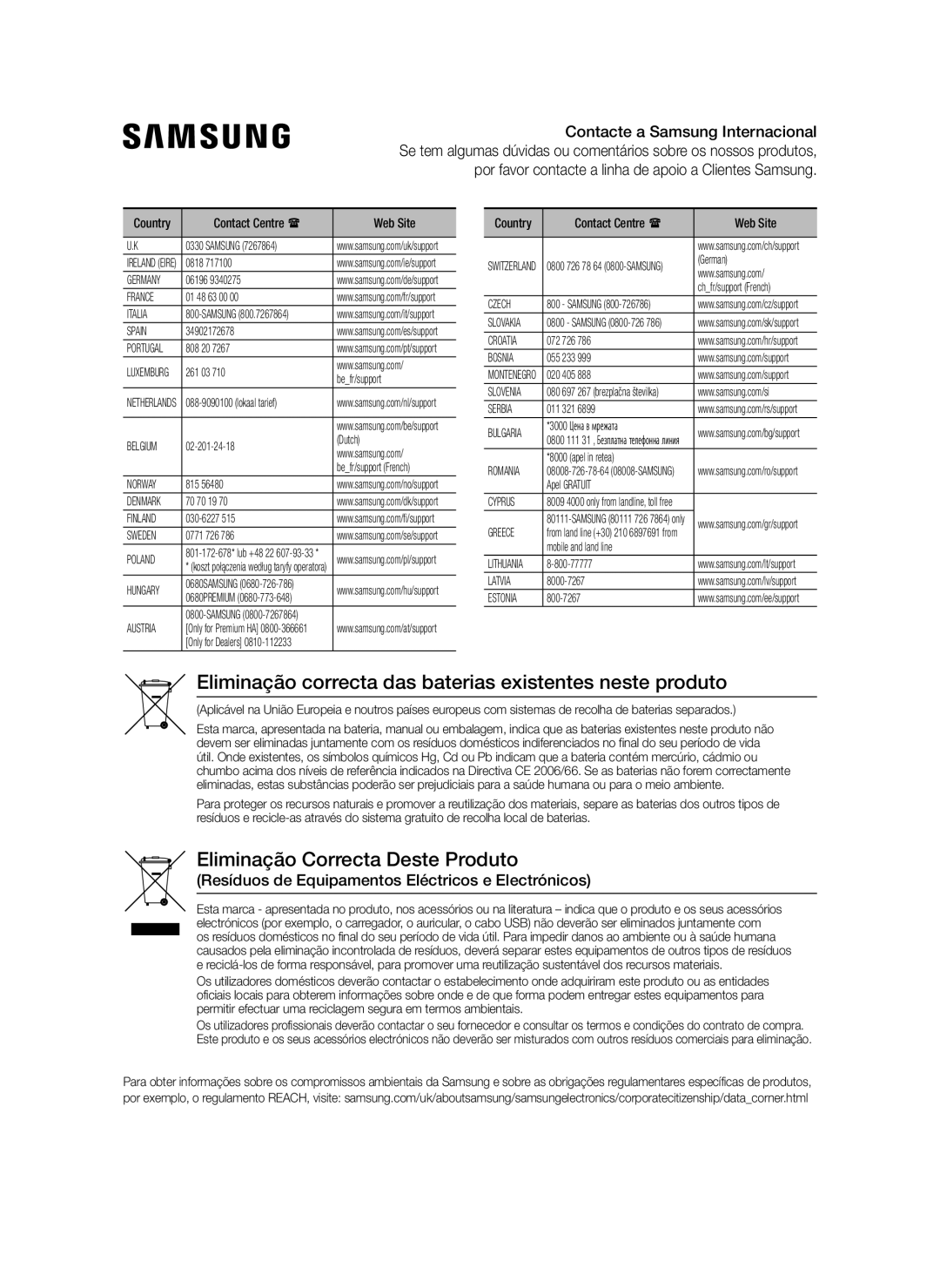 Samsung BD-J6300/ZF manual Eliminação correcta das baterias existentes neste produto 