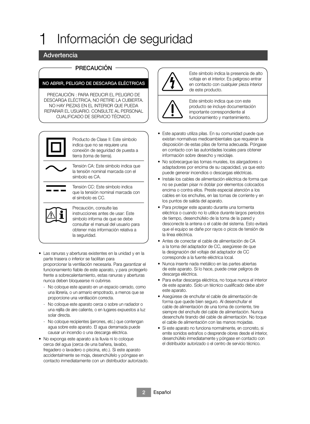 Samsung BD-J6300/ZF manual Información de seguridad, Advertencia, Español 