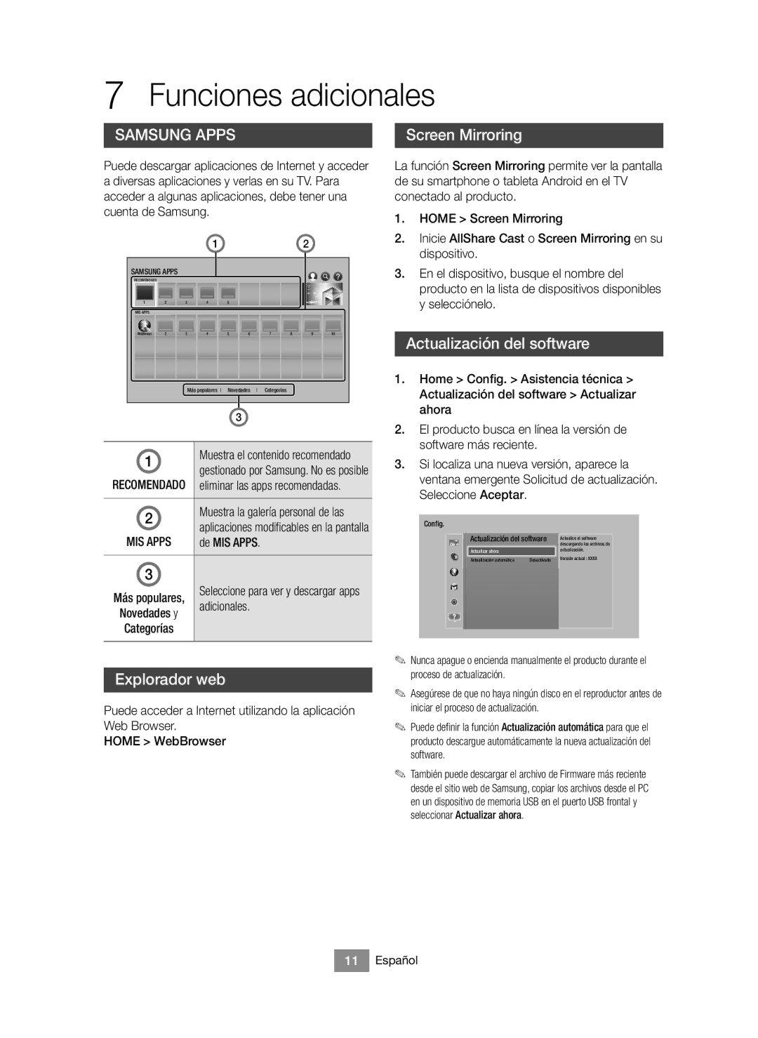 Samsung BD-J6300/ZF manual Funciones adicionales, Actualización del software, Explorador web, Adicionales 