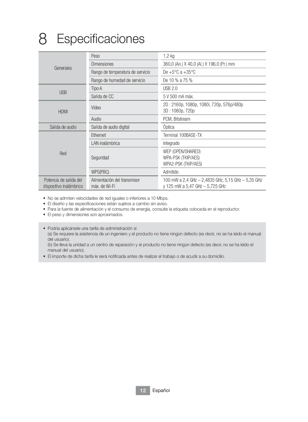 Samsung BD-J6300/ZF manual Especificaciones, Generales, Salida de audio Red, Admitido, 3D 1080p, 720p PCM, Bitstream Óptica 