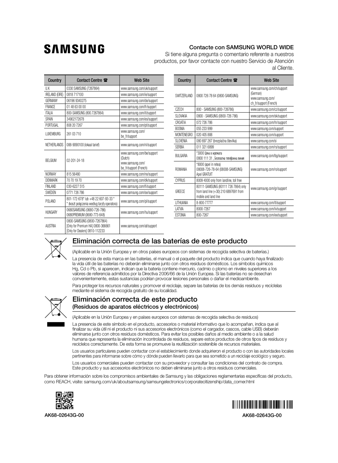 Samsung BD-J6300/ZF manual Residuos de aparatos eléctricos y electrónicos, AK68-02643G-00 