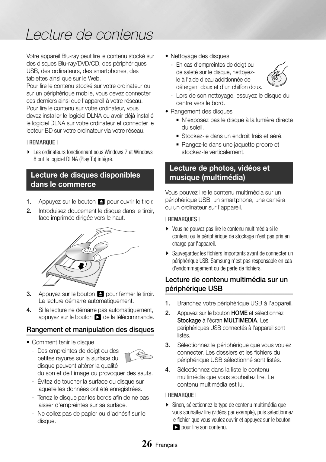 Samsung BD-J6300/ZF manual Rangement et manipulation des disques, Lecture de photos, vidéos et musique multimédia 