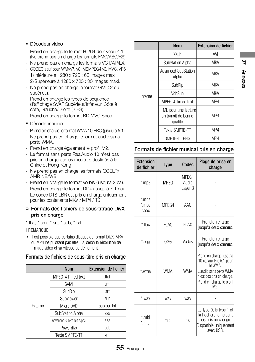 Samsung BD-J6300/ZF manual Formats de fichier musical pris en charge 