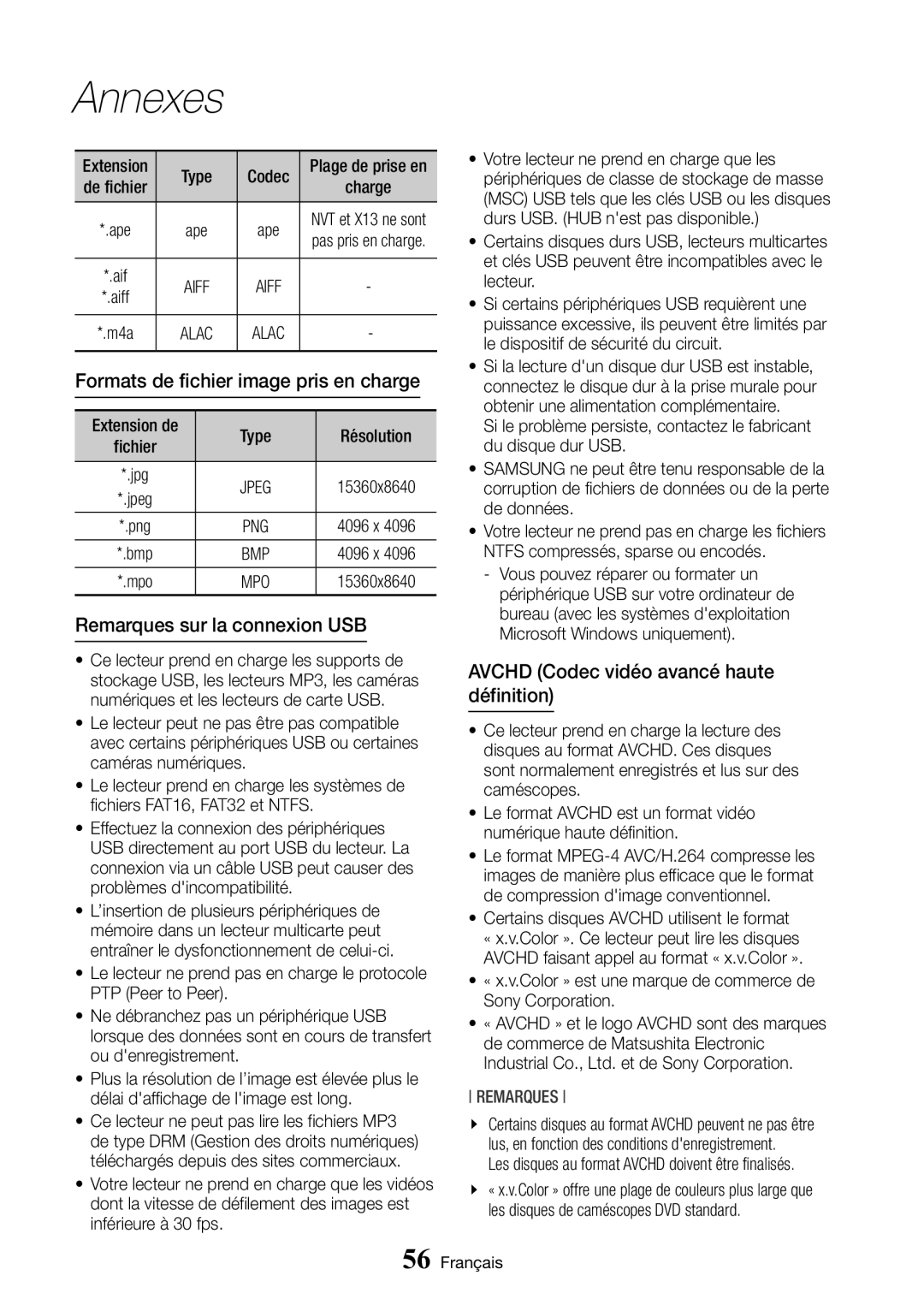 Samsung BD-J6300/ZF manual Formats de fichier image pris en charge, Remarques sur la connexion USB, Résolution 