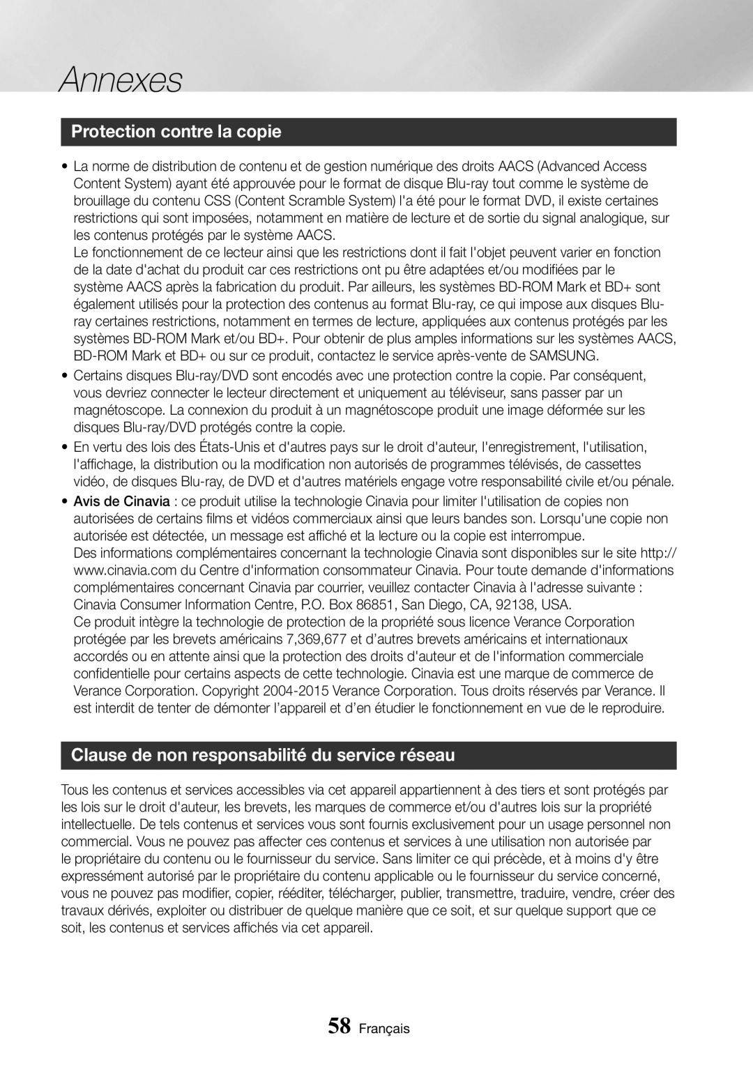 Samsung BD-J6300/ZF manual Protection contre la copie, Clause de non responsabilité du service réseau 