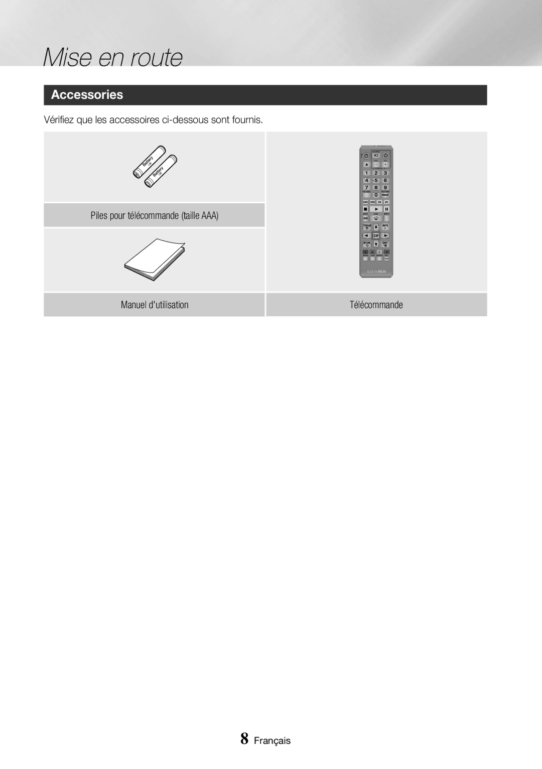 Samsung BD-J6300/ZF manual Mise en route, Accessories, Manuel dutilisation Télécommande 