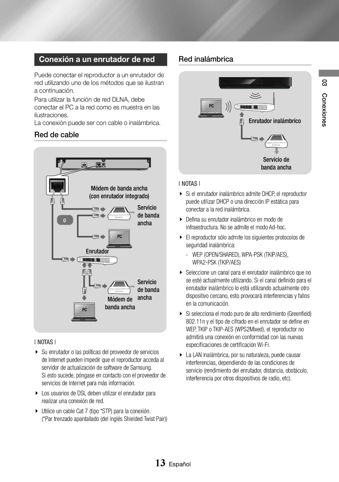 Samsung BD-J6300/ZF manual Conexión a un enrutador de red, Red de cable, Red inalámbrica 