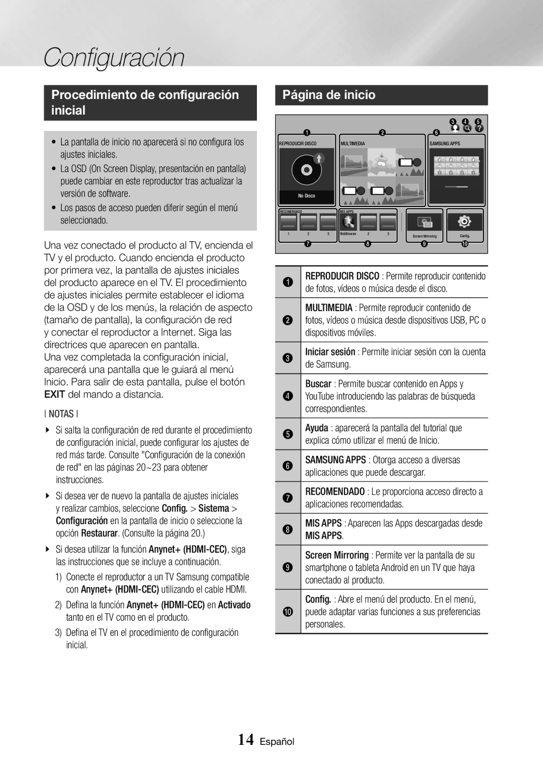 Samsung BD-J6300/ZF manual Configuración, Procedimiento de configuración inicial, Página de inicio, MIS Apps 