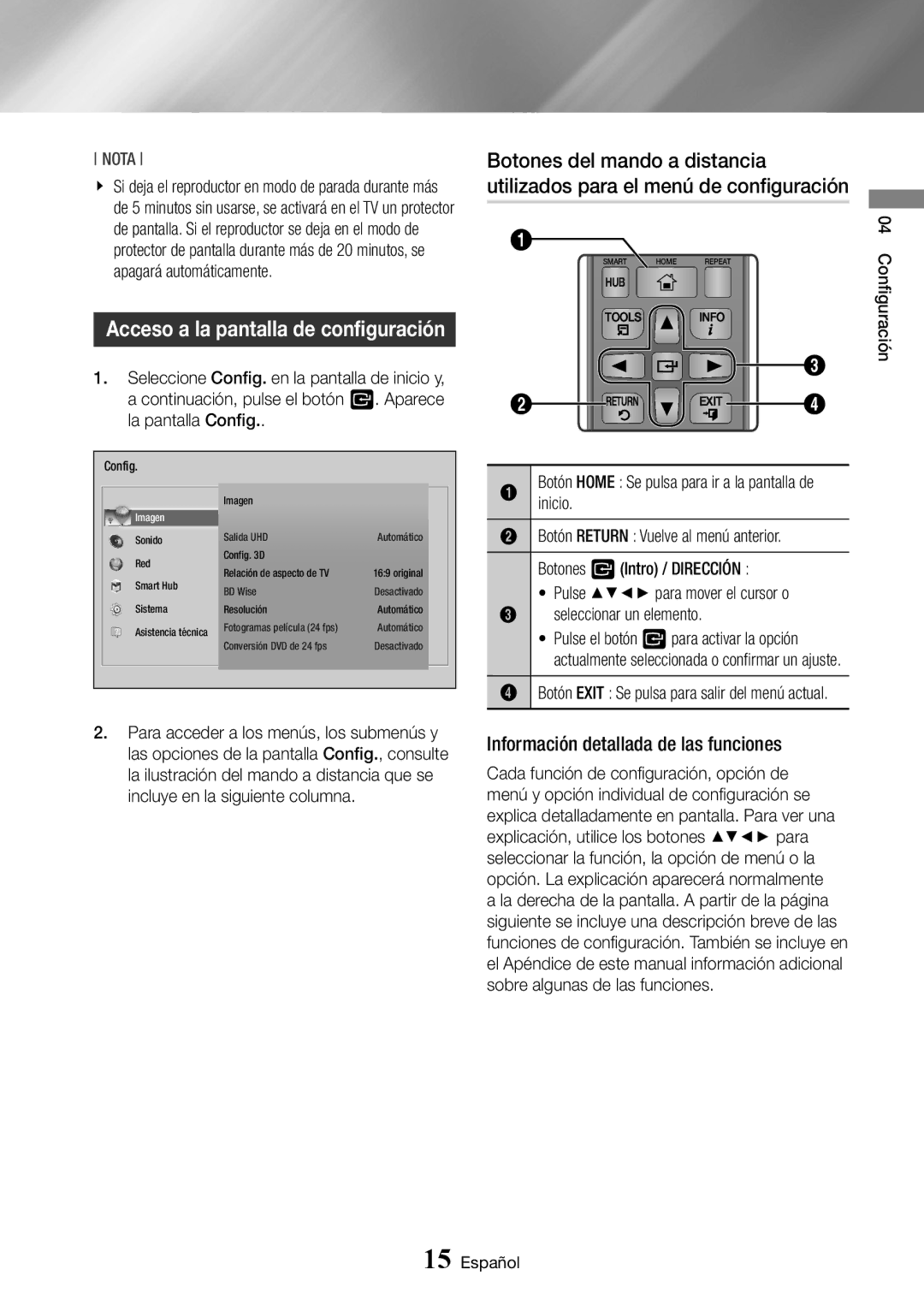 Samsung BD-J6300/ZF manual Acceso a la pantalla de configuración, Información detallada de las funciones 