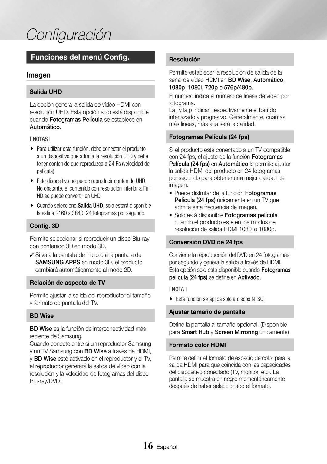 Samsung BD-J6300/ZF manual Funciones del menú Config, Imagen, El número indica el número de líneas de vídeo por fotograma 