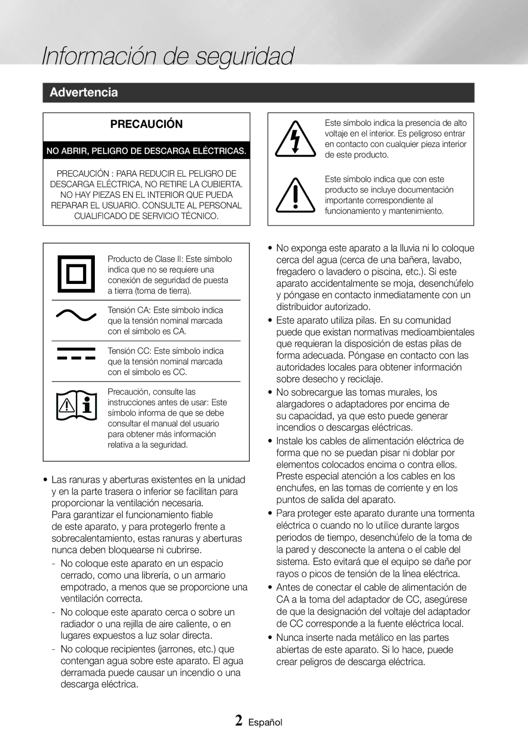 Samsung BD-J6300/ZF manual Información de seguridad, Advertencia 