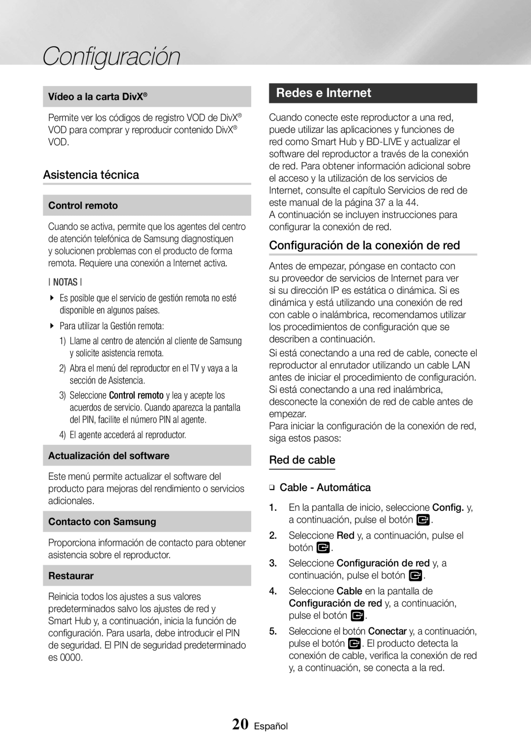 Samsung BD-J6300/ZF manual Asistencia técnica, Redes e Internet, Configuración de la conexión de red, Red de cable 