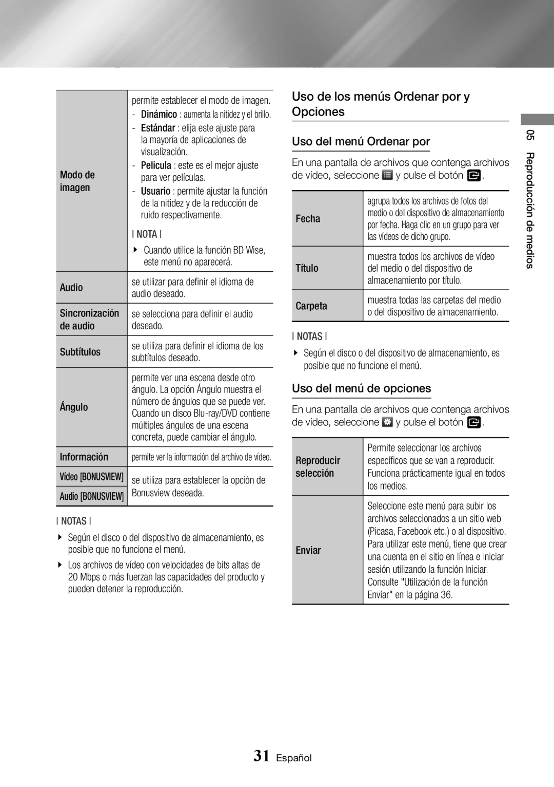 Samsung BD-J6300/ZF manual Uso de los menús Ordenar por y Opciones, Uso del menú Ordenar por, Uso del menú de opciones 