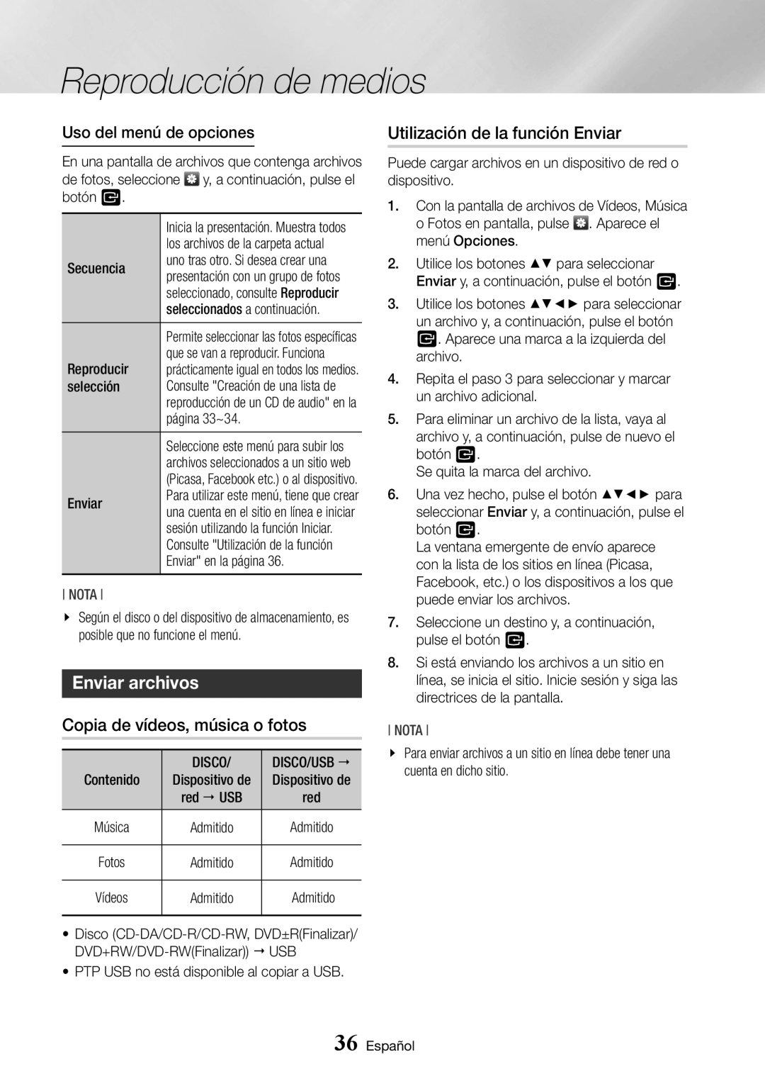 Samsung BD-J6300/ZF manual Enviar archivos, Copia de vídeos, música o fotos, Utilización de la función Enviar 