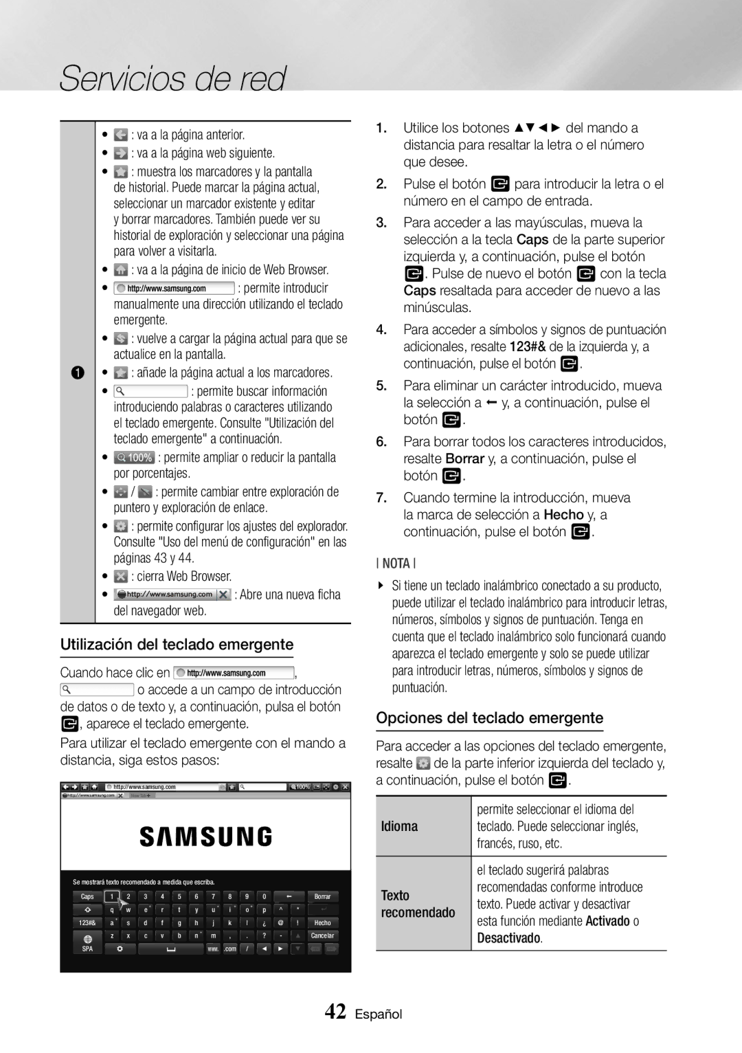 Samsung BD-J6300/ZF manual Utilización del teclado emergente, Opciones del teclado emergente 