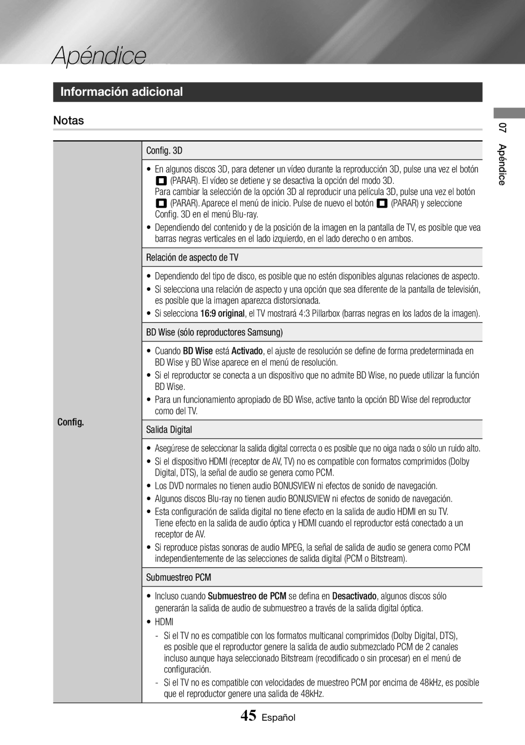 Samsung BD-J6300/ZF manual Apéndice, Información adicional, Notas, Hdmi 