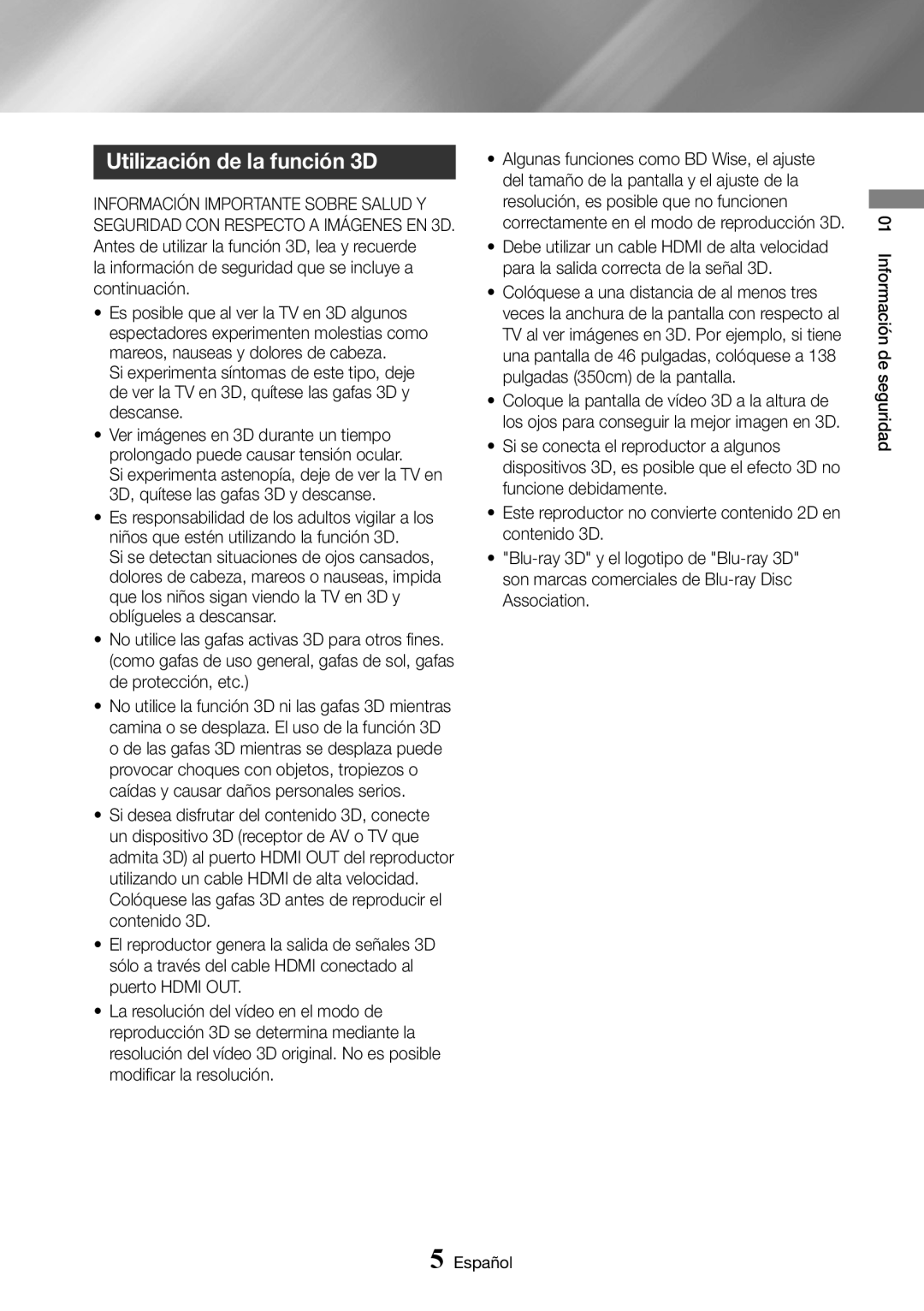 Samsung BD-J6300/ZF manual Utilización de la función 3D, La información de seguridad que se incluye a continuación 