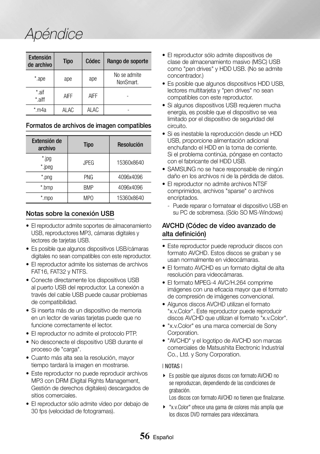 Samsung BD-J6300/ZF manual Notas sobre la conexión USB, Avchd Códec de vídeo avanzado de alta definición 