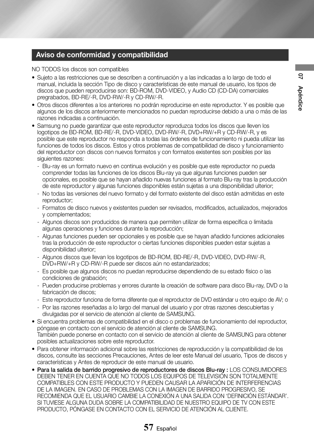 Samsung BD-J6300/ZF manual Aviso de conformidad y compatibilidad 