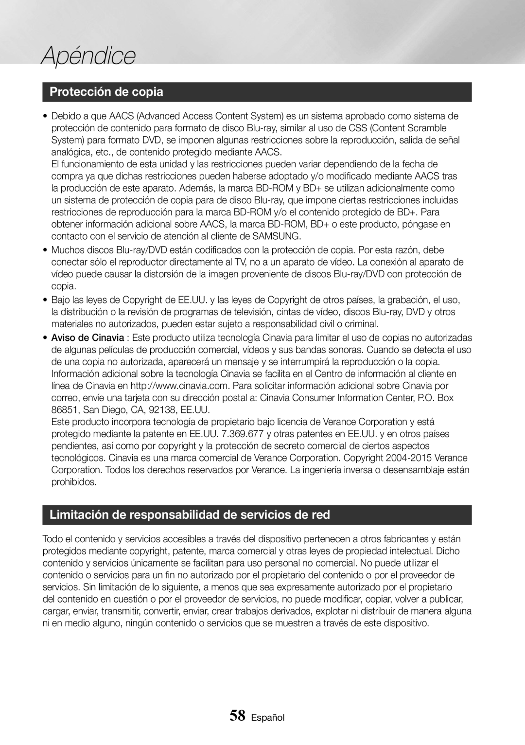 Samsung BD-J6300/ZF manual Protección de copia, Limitación de responsabilidad de servicios de red 