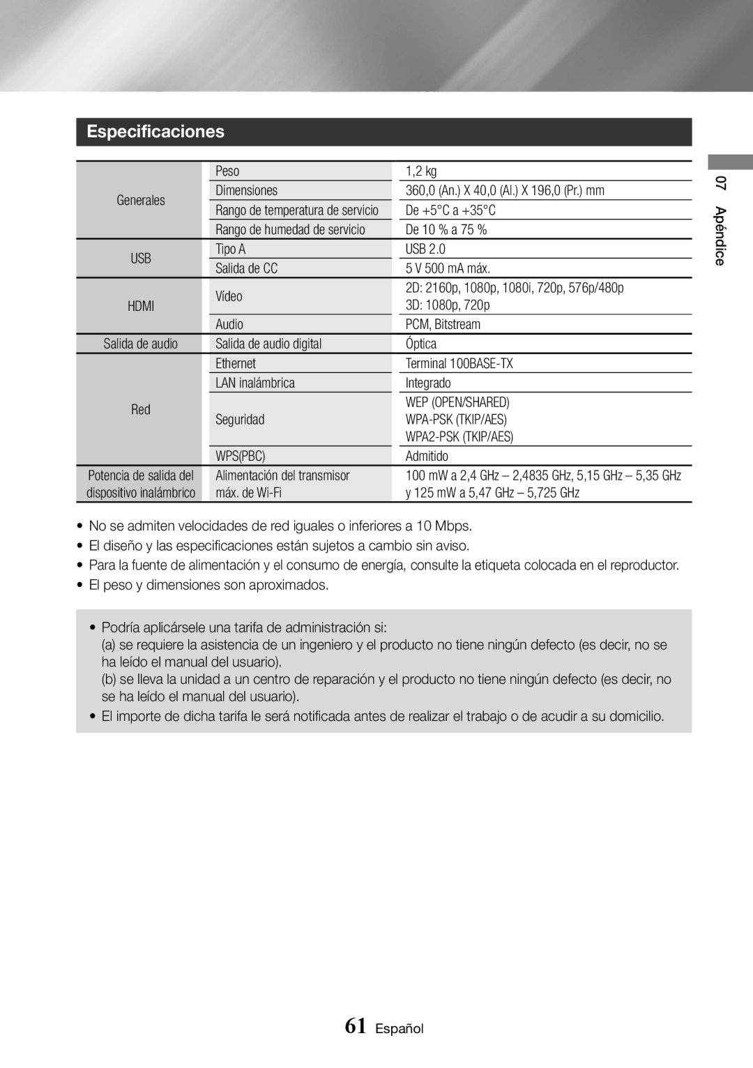 Samsung BD-J6300/ZF manual Especificaciones, Wep Open/Shared, Wpa-Psk Tkip/Aes, WPA2-PSK TKIP/AES, Wpspbc 