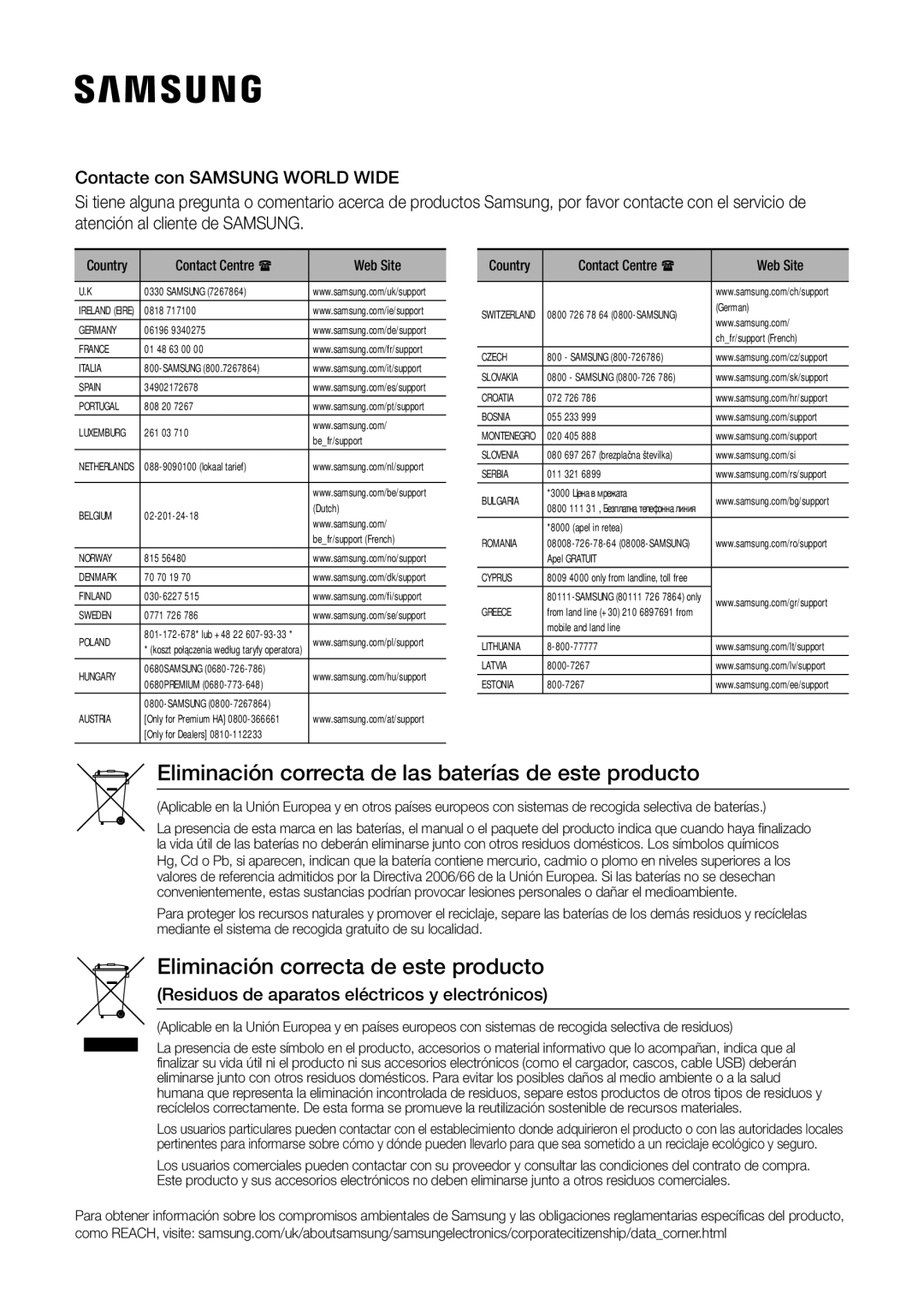 Samsung BD-J6300/ZF manual Eliminación correcta de las baterías de este producto, Contact Centre  Web Site 