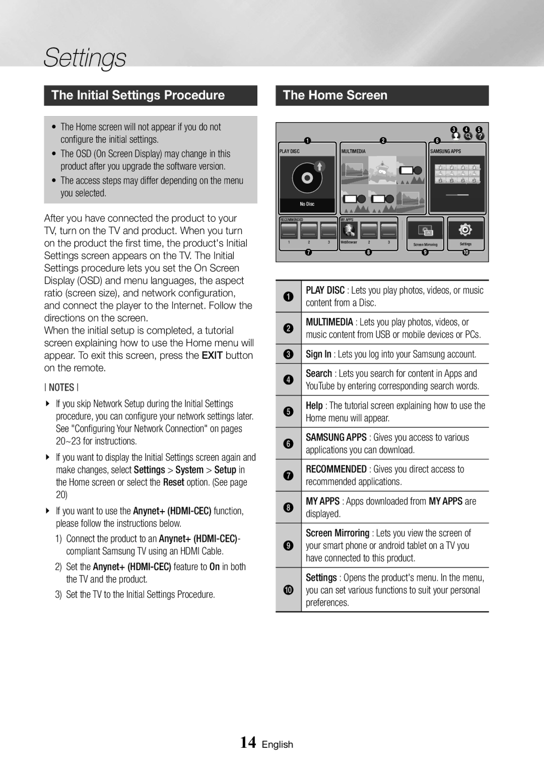 Samsung BD-J6300/EN, BD-J6300/ZG, BD-J6300/ZF, BD-J6300/XN manual Initial Settings Procedure, Home Screen 