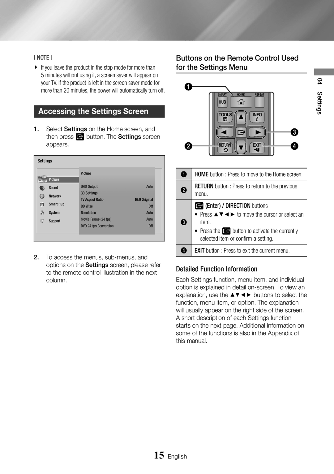 Samsung BD-J6300/XN, BD-J6300/ZG Accessing the Settings Screen, Buttons on the Remote Control Used for the Settings Menu 